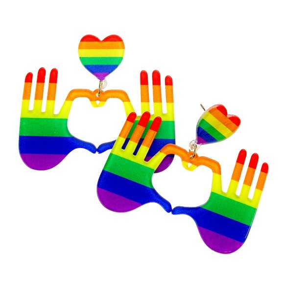 LGBTQ RAINBOW HAND HEART EARRINGS, PRIDE JEWELRY, RAINBOW EARRINGS - Picture 1 of 1